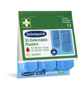 Salvequick packaging for 35 detectable plasters, featuring green and blue design elements; text includes "72 x 19 mm 21 pcs," "72 x 25 mm 14 pcs," "First Aid for everyone. Everywhere," and "REF 51030127."