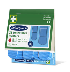 Salvequick packaging for 35 detectable plasters, labeled "First Aid for everyone. Everywhere." Includes 21 plasters sized 72 x 19 mm and 14 plasters sized 72 x 25 mm. Features blue metal-detectable plasters with REF 51030127.
