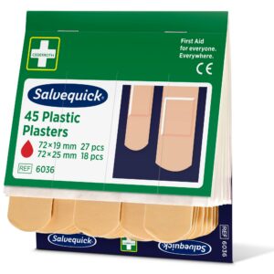 Salvequick packaging for 45 plastic plasters with green and white design, showing two illustrated fingers with plasters. Text includes "45 Plastic Plasters," "72 x 19 mm, 27 pcs," "72 x 25 mm, 18 pcs," "REF 6036," and "First Aid for everyone. Everywhere."