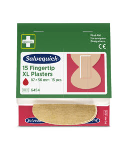 Salvequick Fingertip XL Plasters packaging with green background featuring text: "15 Fingertip XL Plasters, 87 × 56 mm, 15 pcs, REF 6454." A plaster design is displayed, and a section of the actual plaster is visible at the bottom. Text includes "First Aid for everyone. Everywhere." and "Cederroth" with a white cross logo.