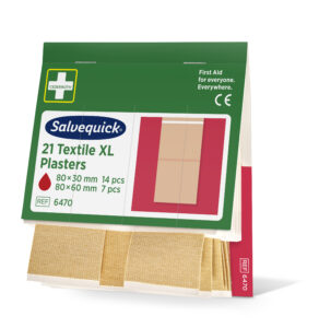 Salvequick 21 Textile XL Plasters packaging with green and white design, showing plaster sizes of 80×30 mm (14 pieces) and 80×60 mm (7 pieces). Text reads "First Aid for everyone. Everywhere." CE marked. Reference number 6470.