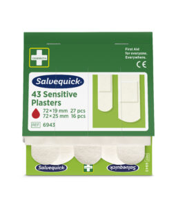 Salvequick 43 Sensitive Plasters packaging with green and white design, showing dimensions of plasters as 72×19 mm (27 pcs) and 72×25 mm (16 pcs), reference number 6943, and text “First Aid for everyone. Everywhere.”