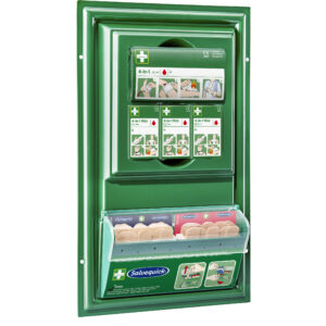 A green wall-mounted first aid dispenser containing various bandages and wound care products labeled "Salvequick." The top section displays 4-in-1 Mini bandage packs with illustrated instructions, while the bottom section features bandages in red and blue trays with protective covers.
