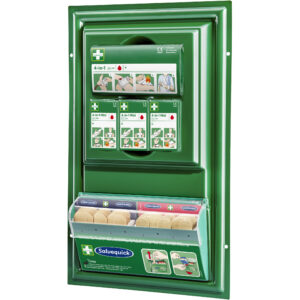 A green wall-mounted first aid station featuring compartments for bandages labeled "Salvequick" and "4-in-1 Mini." The upper section displays instructional images and icons for bandage usage, while the lower section holds individually packed bandages in transparent slots.