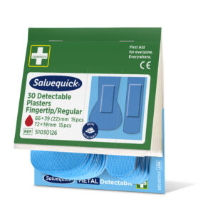 Salvequick packaging featuring "30 Detectable Plasters Fingertip/Regular," with dimensions (66 × 39 mm - 15 pcs, 72 × 19 mm - 15 pcs), labeled as metal detectable. Green and blue color scheme with "First Aid for everyone. Everywhere." text.