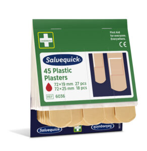 Salvequick box of 45 plastic plasters with two sizes: 72×19 mm (27 pieces) and 72×25 mm (18 pieces). Text includes “First Aid for everyone. Everywhere,” “Cederroth,” and “Ref 6036,” with an image of two plaster sizes depicted.