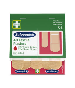 Packaging of Salvequick 40 Textile Plasters featuring green and red design, with text "40 Textile Plasters, 72 x 19 mm 24 pcs, 72 x 25 mm 16 pcs, REF 6444." Includes images of plasters and "First Aid for everyone. Everywhere." branding.