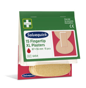 Packaging for Salvequick 15 Fingertip XL Plasters, featuring a green and white design with product details: "87 x 56 mm, 15 pcs, REF 6454." Includes an image of the plasters and the text "First Aid for everyone. Everywhere." with a Cederroth logo and CE mark.