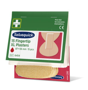 Salvequick Fingertip XL Plasters packaging with green and white design, showing product details: "15 Fingertip XL Plasters, 87×56 mm, 15 pcs" and "First Aid for everyone. Everywhere." Includes an illustration of a plaster and visible plasters inside the opened package.