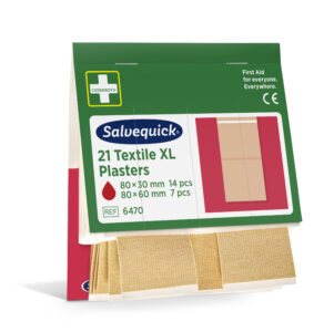 Salvequick 21 Textile XL Plasters packaging featuring a green and white design, with text indicating "80 x 30 mm, 14 pcs" and "80 x 60 mm, 7 pcs," along with the reference number "6470" and the Cederroth logo.