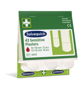 Salvequick box containing 43 sensitive plasters, including 27 pieces measuring 72×19 mm and 16 pieces measuring 72×25 mm. The green packaging displays the Cederroth logo and text "First Aid for everyone. Everywhere." with CE marking and reference code 6943.