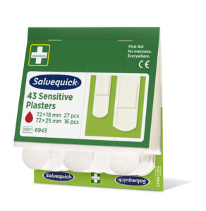 Salvequick packaging displaying "43 Sensitive Plasters" with specifications: 72×19 mm (27 pieces) and 72×25 mm (16 pieces). Green and white design featuring plaster illustrations, the Cederroth logo, and text "First Aid for everyone. Everywhere." Reference number: 6943.