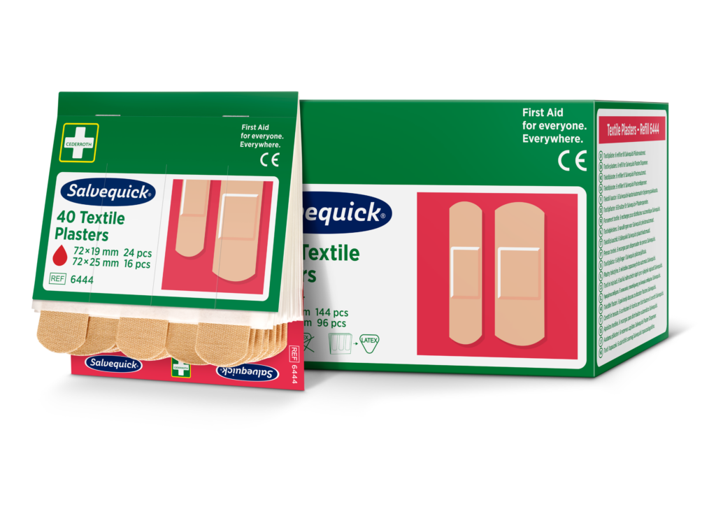 Packaging for Salvequick 40 Textile Plasters, showing adhesive bandages against a red background. Text includes "First Aid for everyone. Everywhere," along with specifications: "72 x 19 mm 24 pcs, 72 x 25 mm 16 pcs," and "REF 6444." CE mark and Cederroth logo are visible.