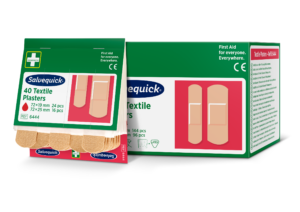 Packaging for Salvequick 40 Textile Plasters, showing adhesive bandages against a red background. Text includes "First Aid for everyone. Everywhere," along with specifications: "72 x 19 mm 24 pcs, 72 x 25 mm 16 pcs," and "REF 6444." CE mark and Cederroth logo are visible.
