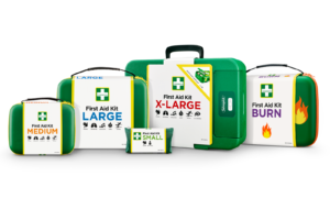 Five first aid kits of various sizes are displayed: "Medium" in orange text, "Large" in blue text, "X-Large" in red text, "Small" in green text, and "Burn" in purple text with a flame icon. Each kit features the Cederroth logo.